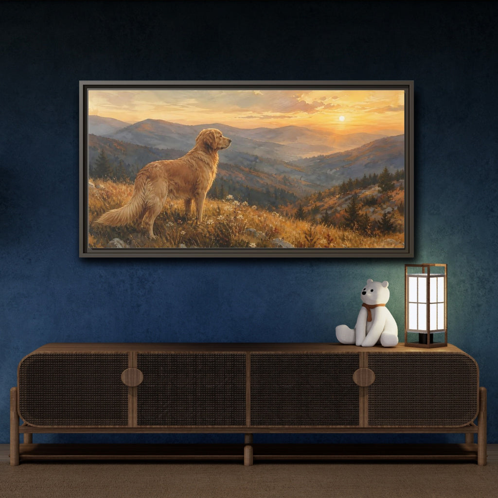 Mockup 4. Animals Golden Retriever Golden Retriever Sunset shown as stretched canvas wall art