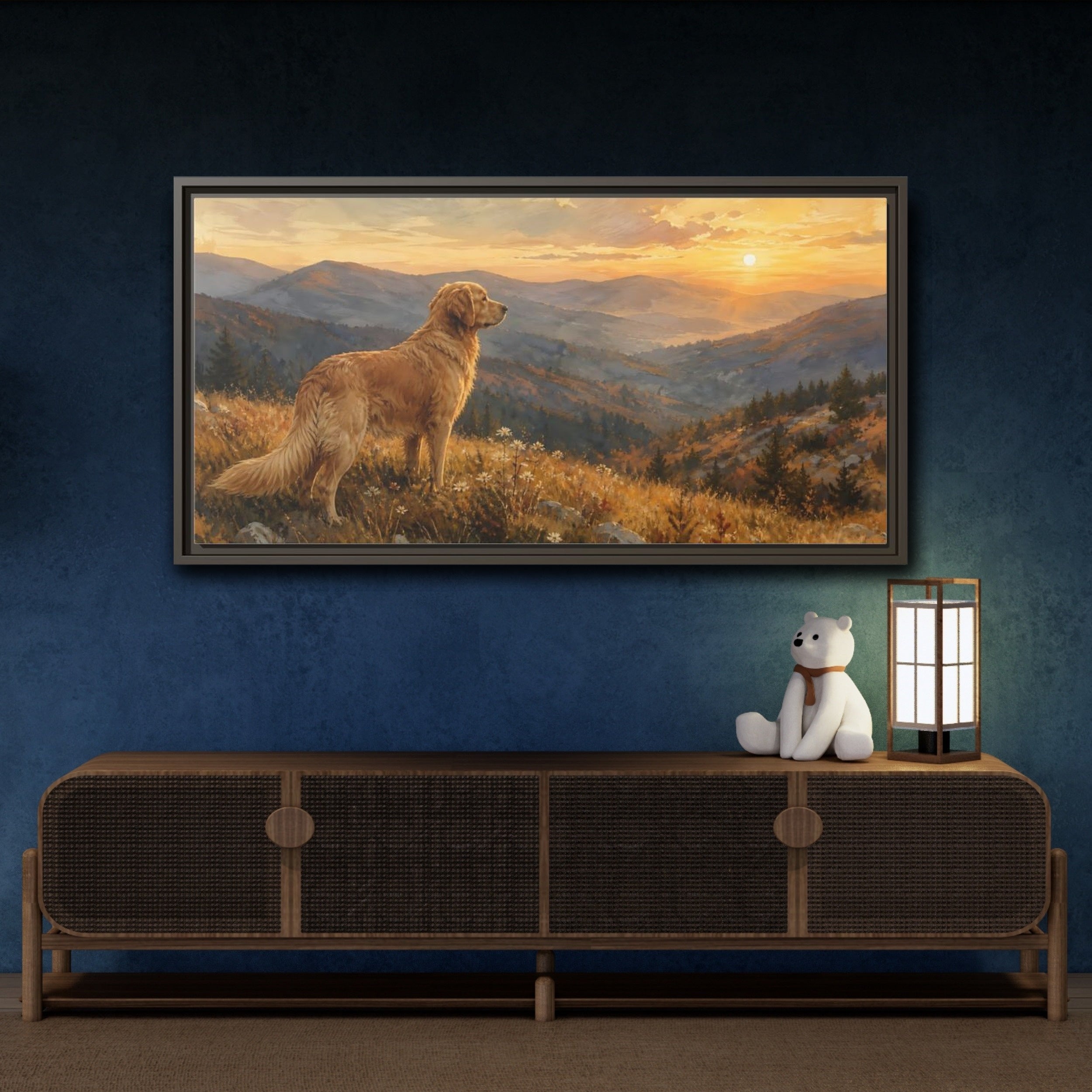 Mockup 4. Animals Golden Retriever Golden Retriever Sunset shown as stretched canvas wall art