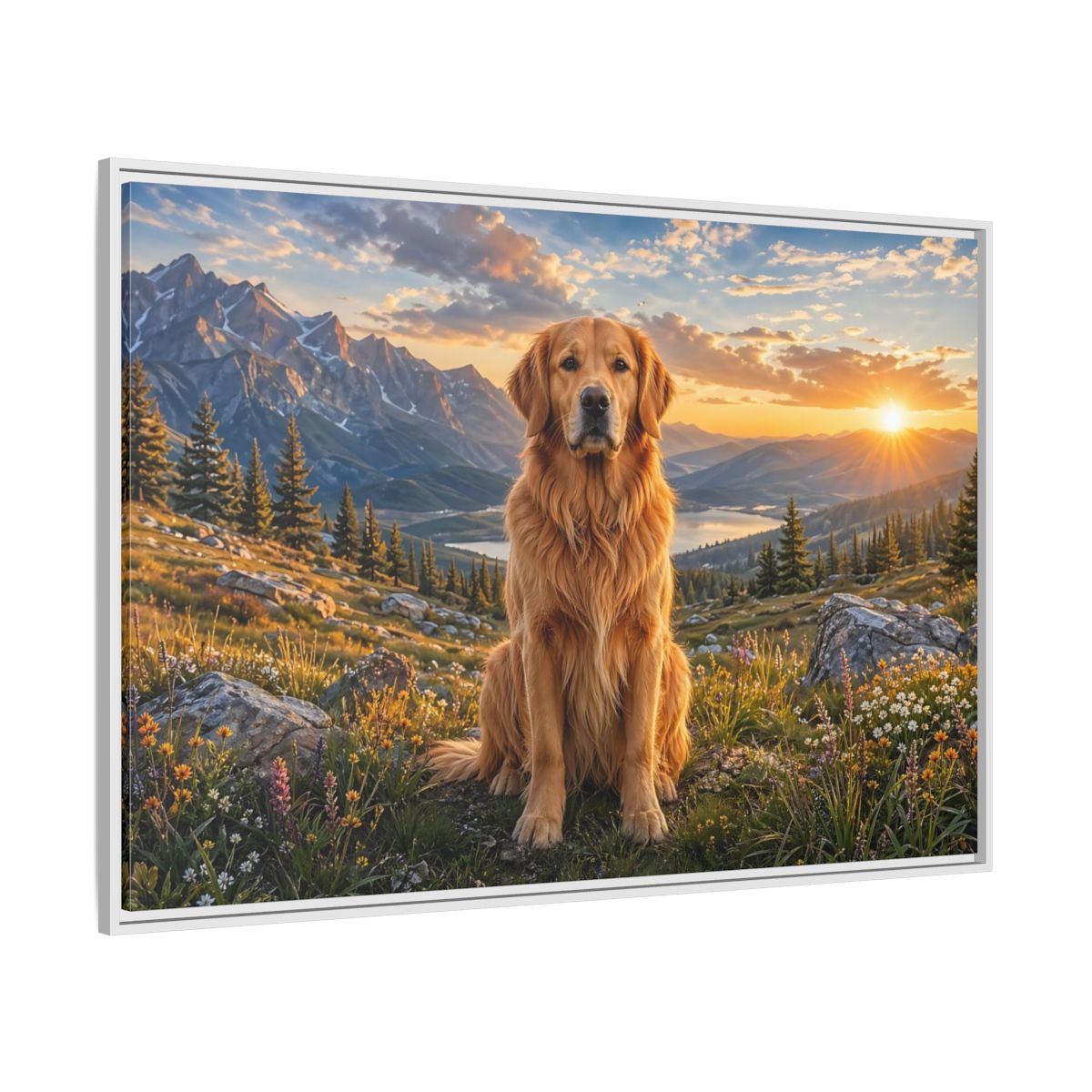 Side Mockup 7. Animals Golden Retriever Golden Mountain Sunset shown as stretched canvas wall art