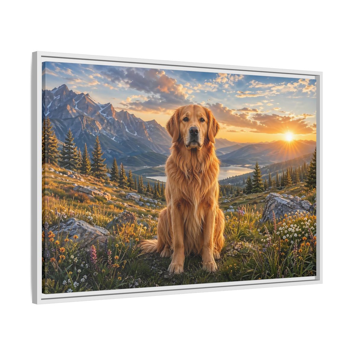 Side Mockup 9. Animals Golden Retriever Golden Mountain Sunset shown as stretched canvas wall art