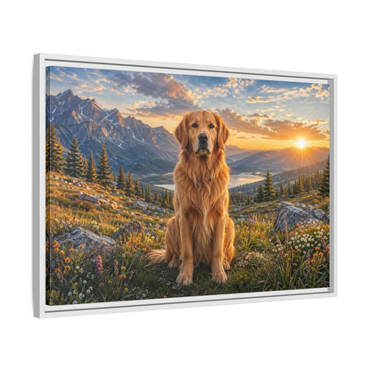 Side Mockup 10. Animals Golden Retriever Golden Mountain Sunset shown as stretched canvas wall art