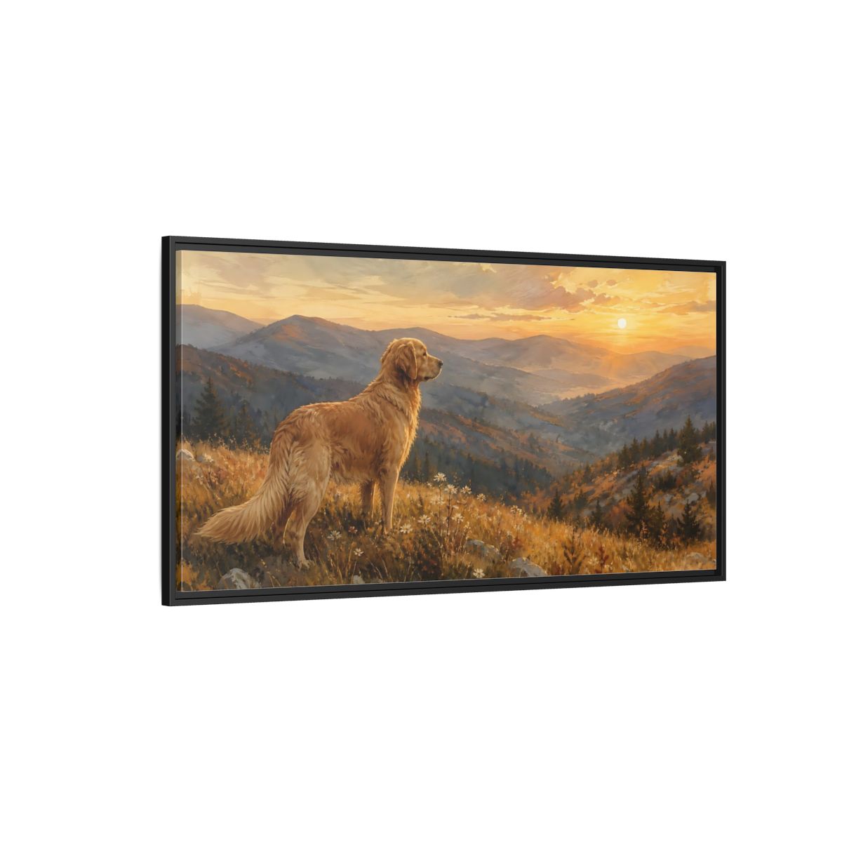 Side Mockup 5. Animals Golden Retriever Golden Retriever Sunset shown as stretched canvas wall art