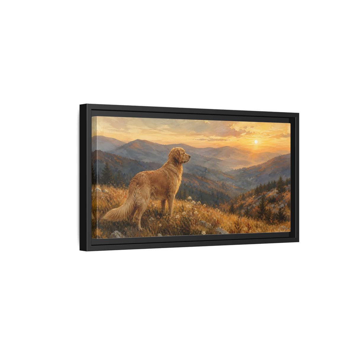 Side Mockup 8. Animals Golden Retriever Golden Retriever Sunset shown as stretched canvas wall art
