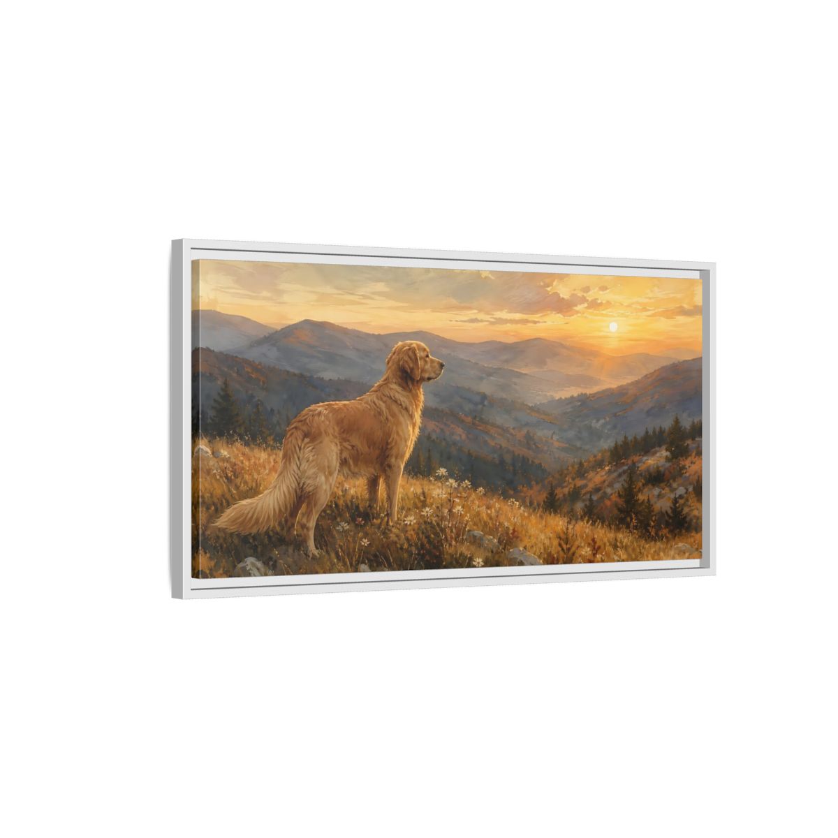 Side Mockup 1. Animals Golden Retriever Golden Retriever Sunset shown as stretched canvas wall art