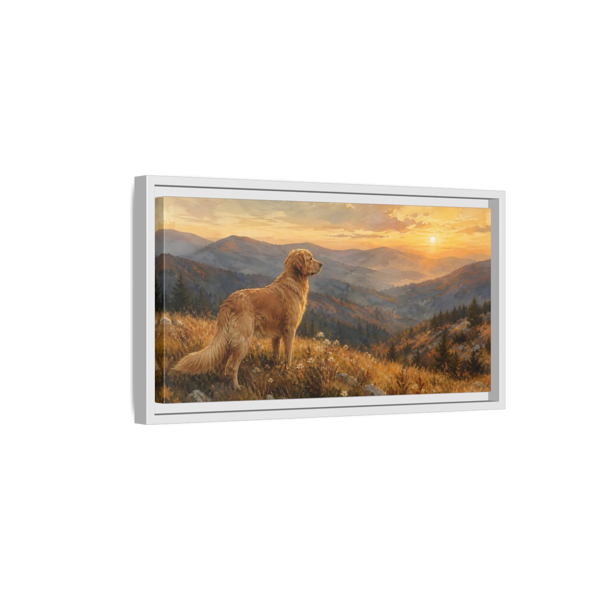 Side Mockup 6. Animals Golden Retriever Golden Retriever Sunset shown as stretched canvas wall art