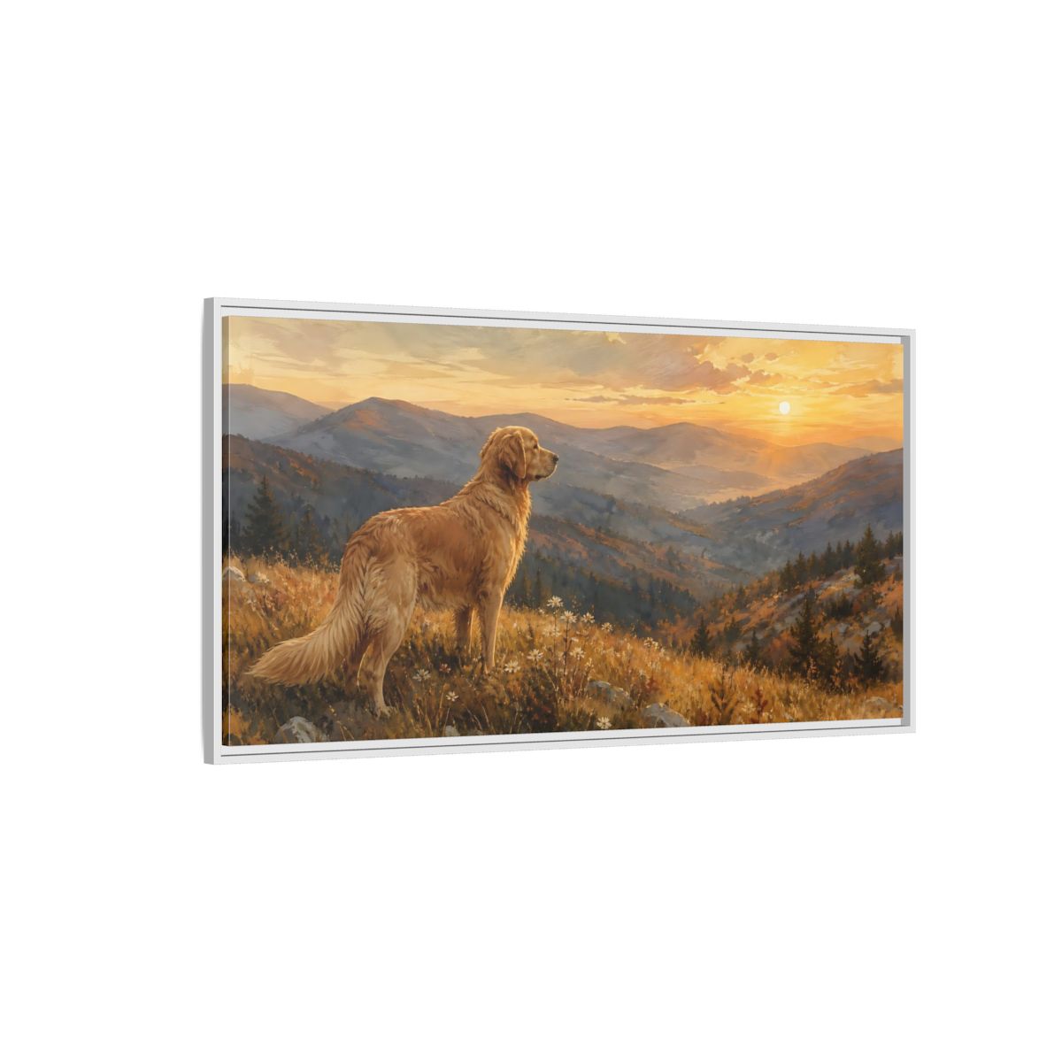 Side Mockup 3. Animals Golden Retriever Golden Retriever Sunset shown as stretched canvas wall art