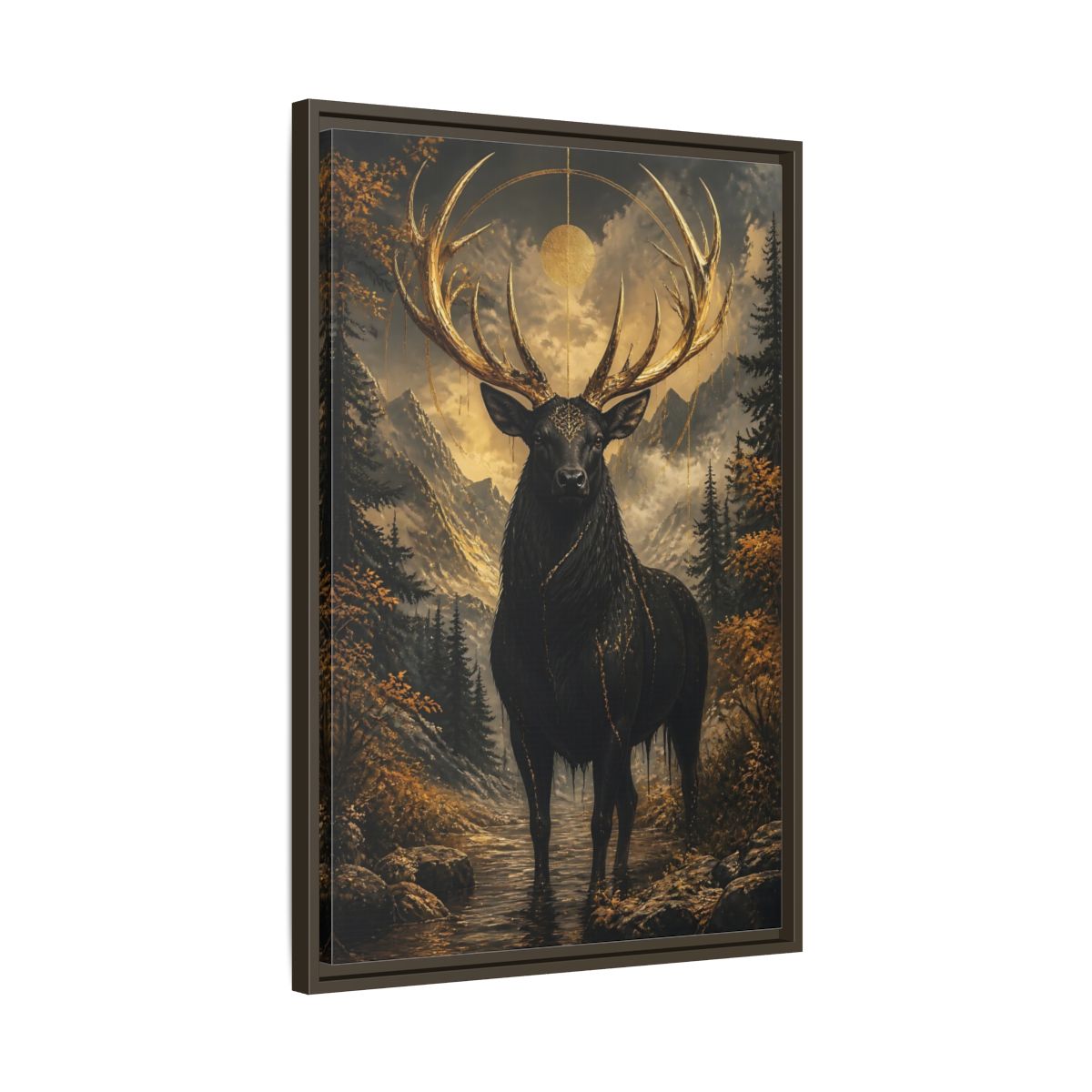 Side Mockup 11. Animals Golden Stag Black And Gold Stag shown as stretched canvas wall art