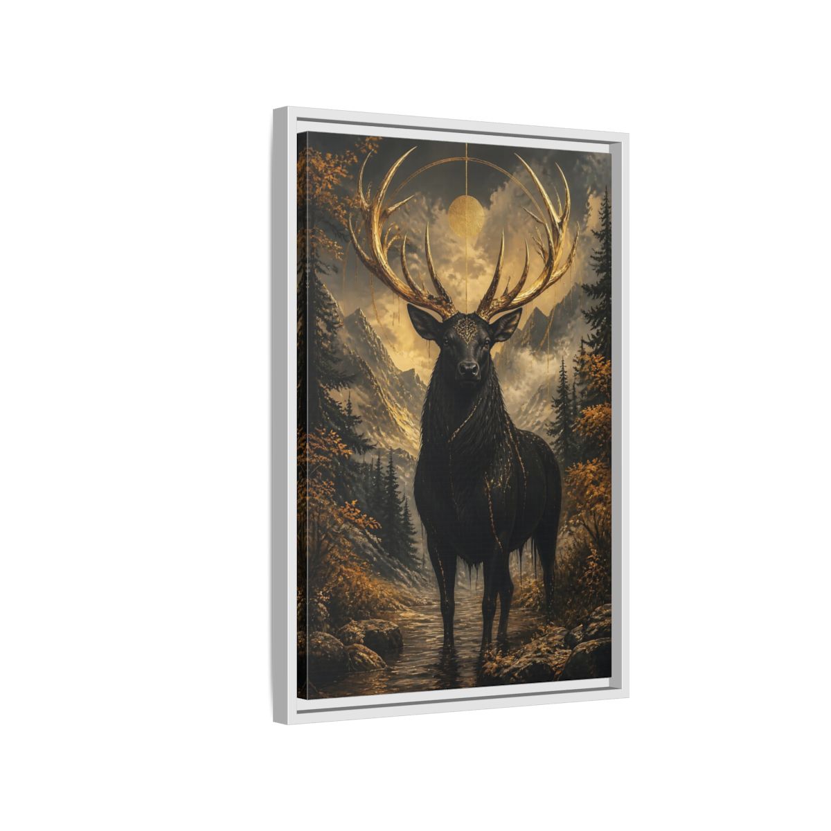 Side Mockup 1. Animals Golden Stag Black And Gold Stag shown as stretched canvas wall art