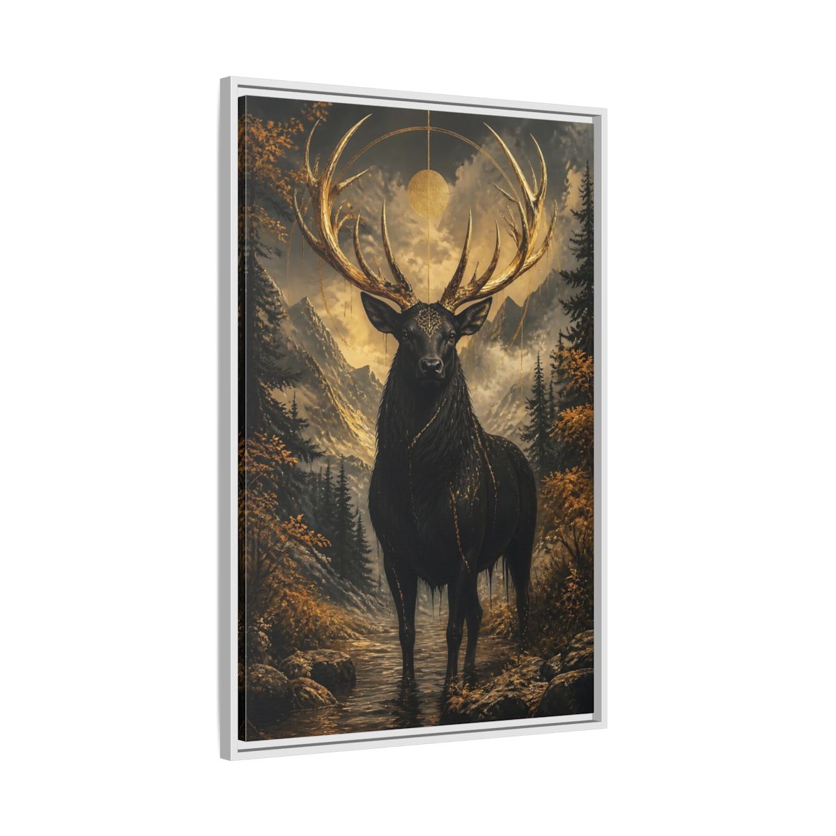 Side Mockup 9. Animals Golden Stag Black And Gold Stag shown as stretched canvas wall art