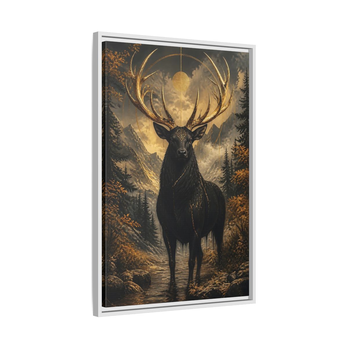 Side Mockup 10. Animals Golden Stag Black And Gold Stag shown as stretched canvas wall art