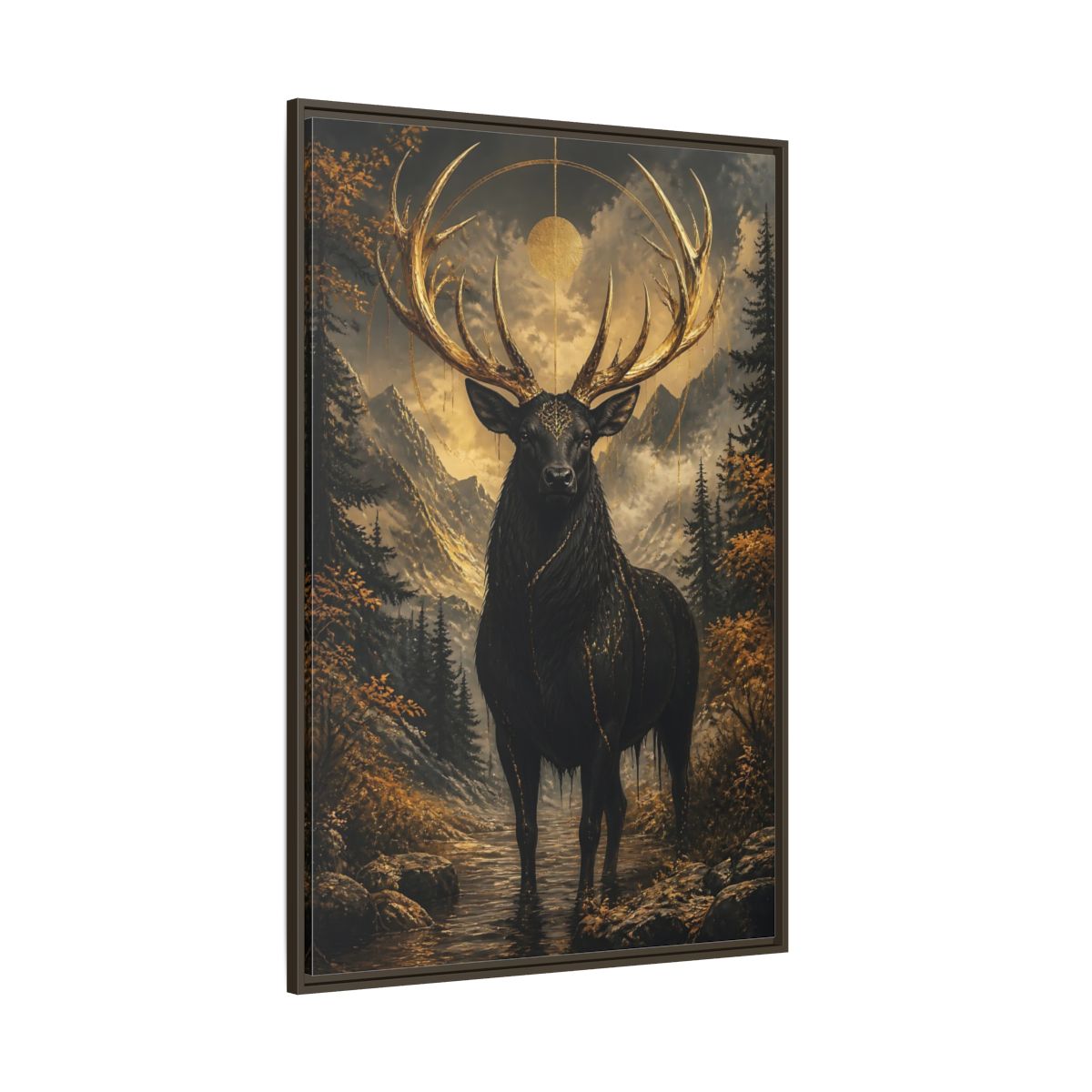 Side Mockup 8. Animals Golden Stag Black And Gold Stag shown as stretched canvas wall art