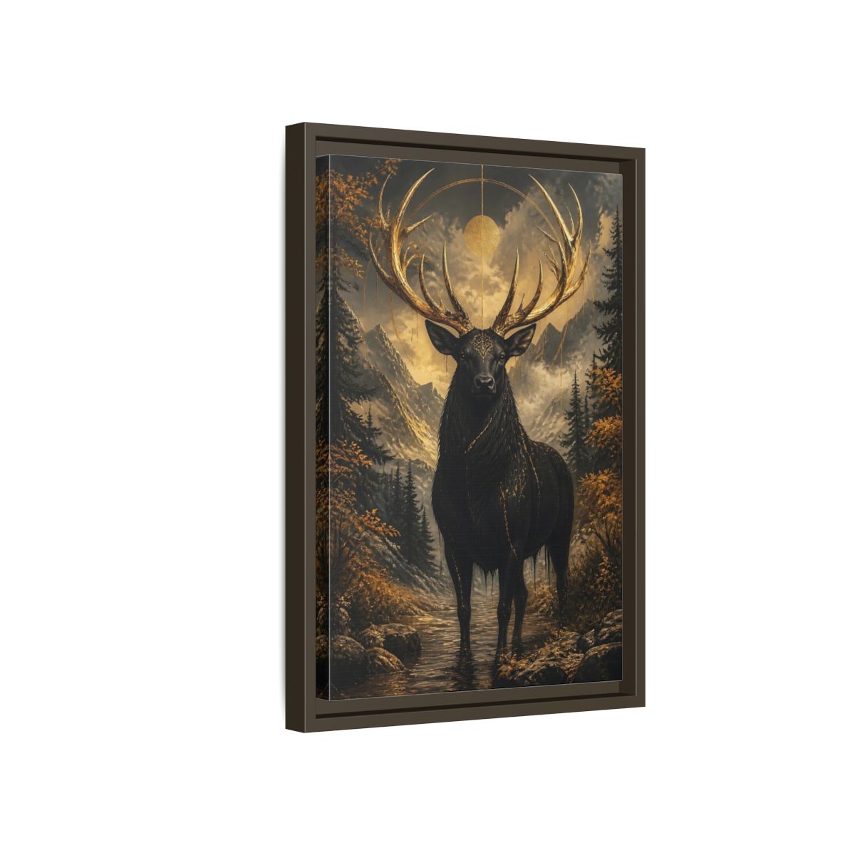Side Mockup 5. Animals Golden Stag Black And Gold Stag shown as stretched canvas wall art