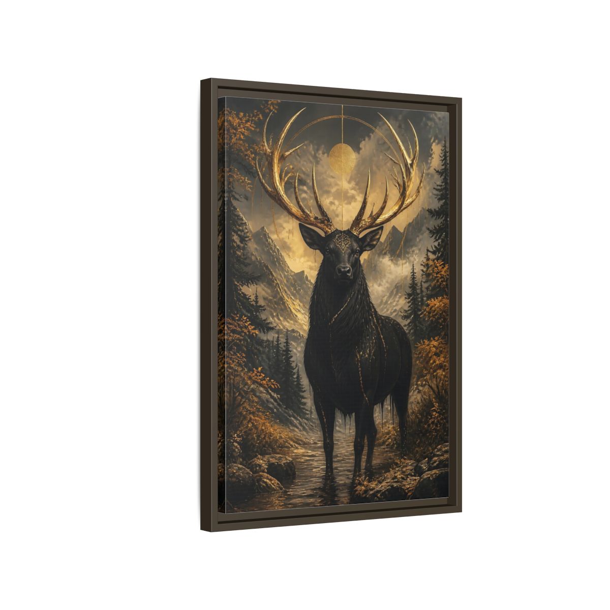 Side Mockup 2. Animals Golden Stag Black And Gold Stag shown as stretched canvas wall art