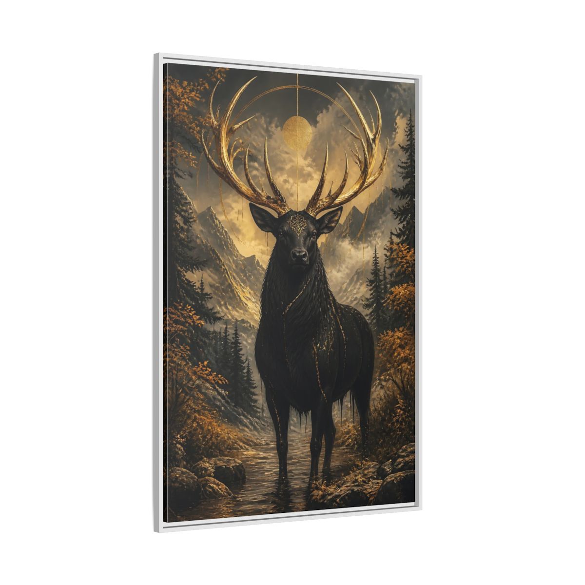 Side Mockup 7. Animals Golden Stag Black And Gold Stag shown as stretched canvas wall art