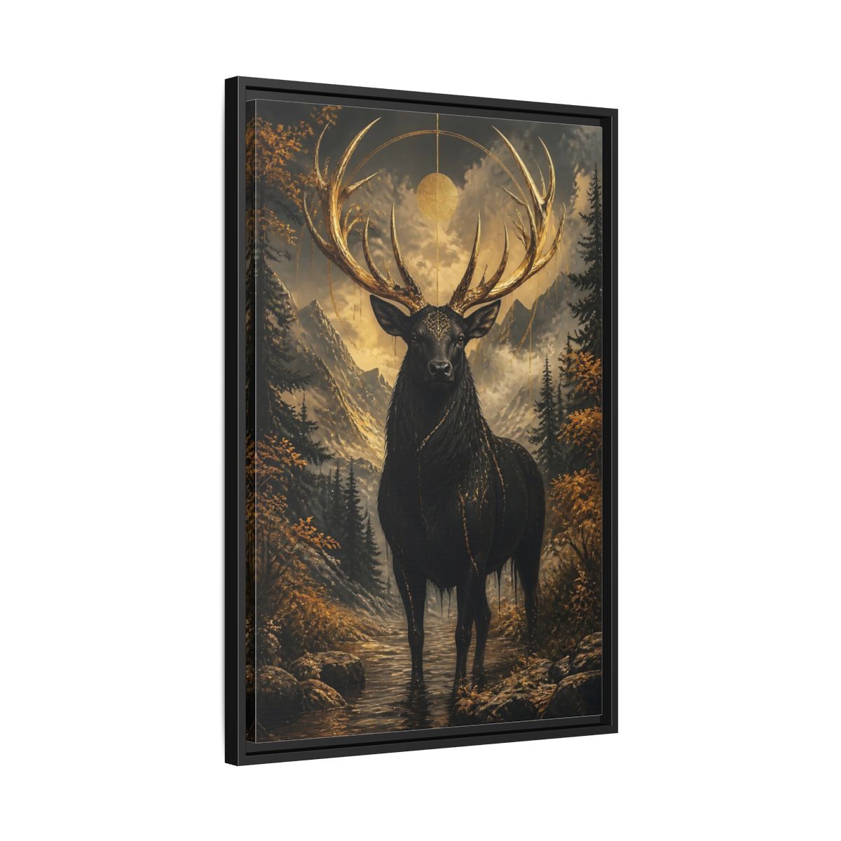 Side Mockup 14. Animals Golden Stag Black And Gold Stag shown as stretched canvas wall art