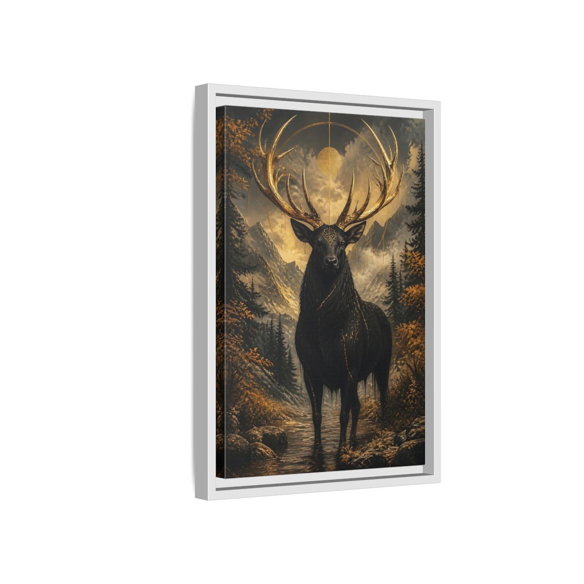 Side Mockup 4. Animals Golden Stag Black And Gold Stag shown as stretched canvas wall art