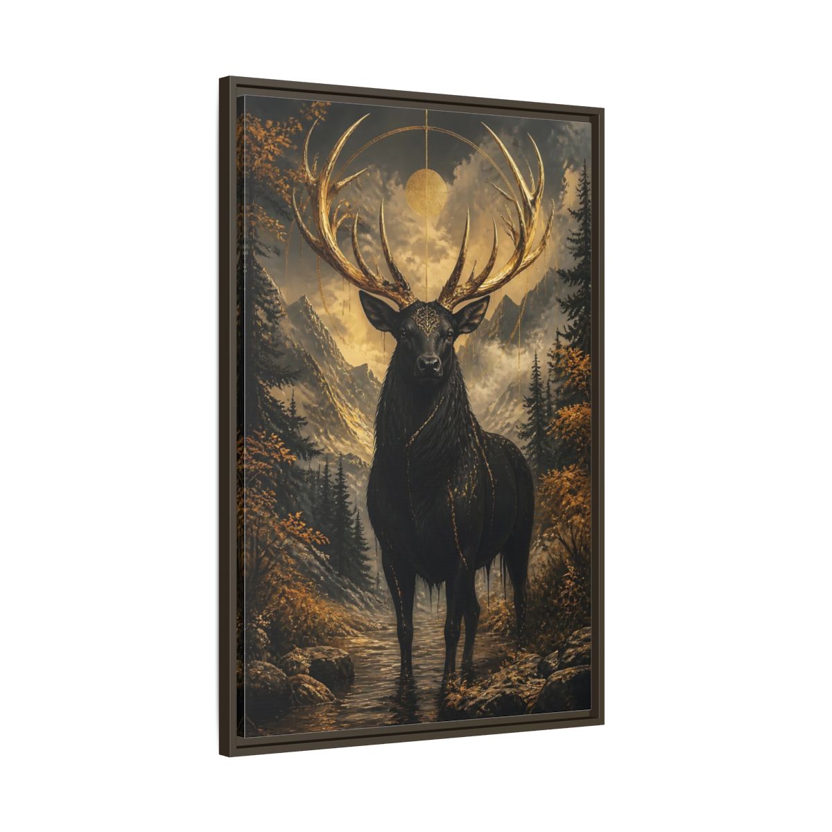 Main Mockup. Animals Golden Stag Black And Gold Stag shown as stretched canvas wall art