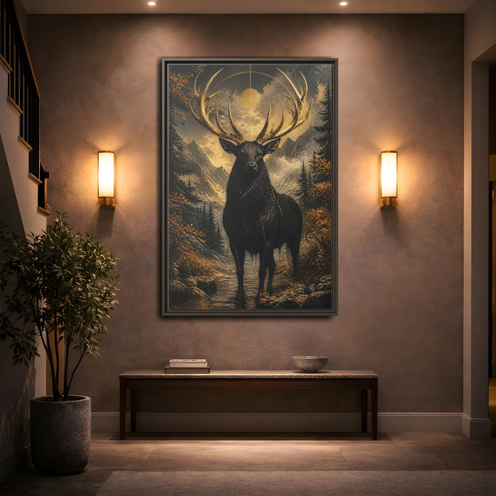 Mockup 2. Animals Golden Stag Black And Gold Stag shown as stretched canvas wall art
