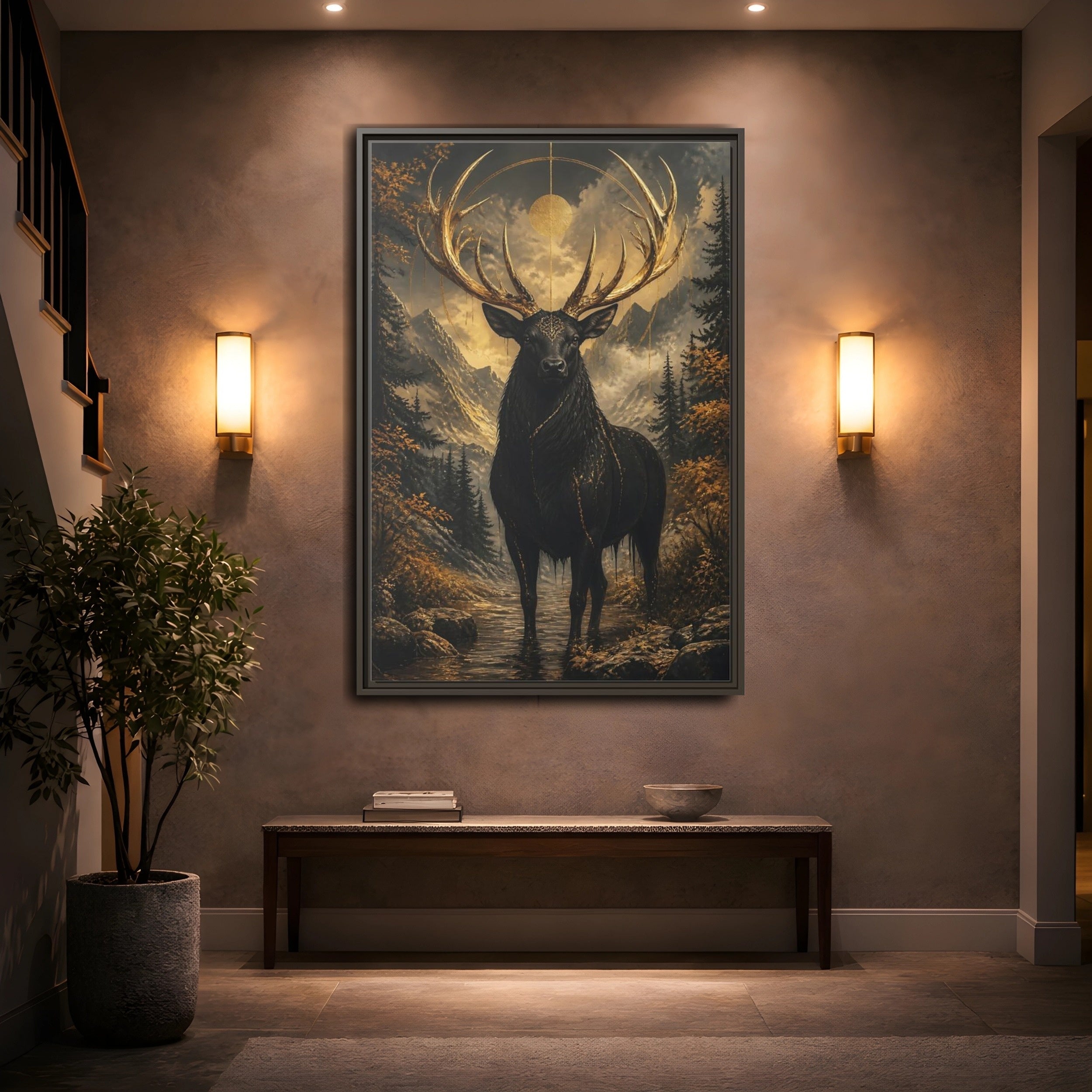 Mockup 2. Animals Golden Stag Black And Gold Stag shown as stretched canvas wall art