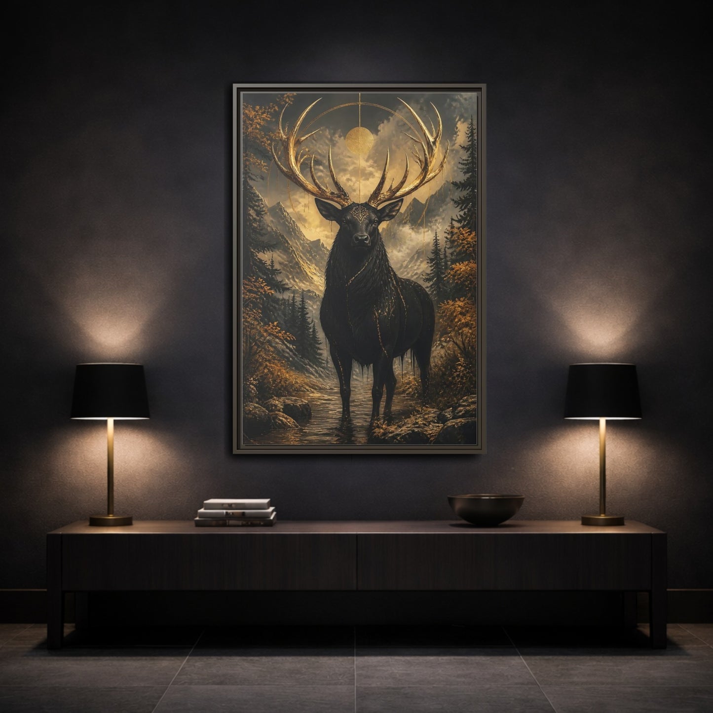 Mockup 3. Animals Golden Stag Black And Gold Stag shown as stretched canvas wall art