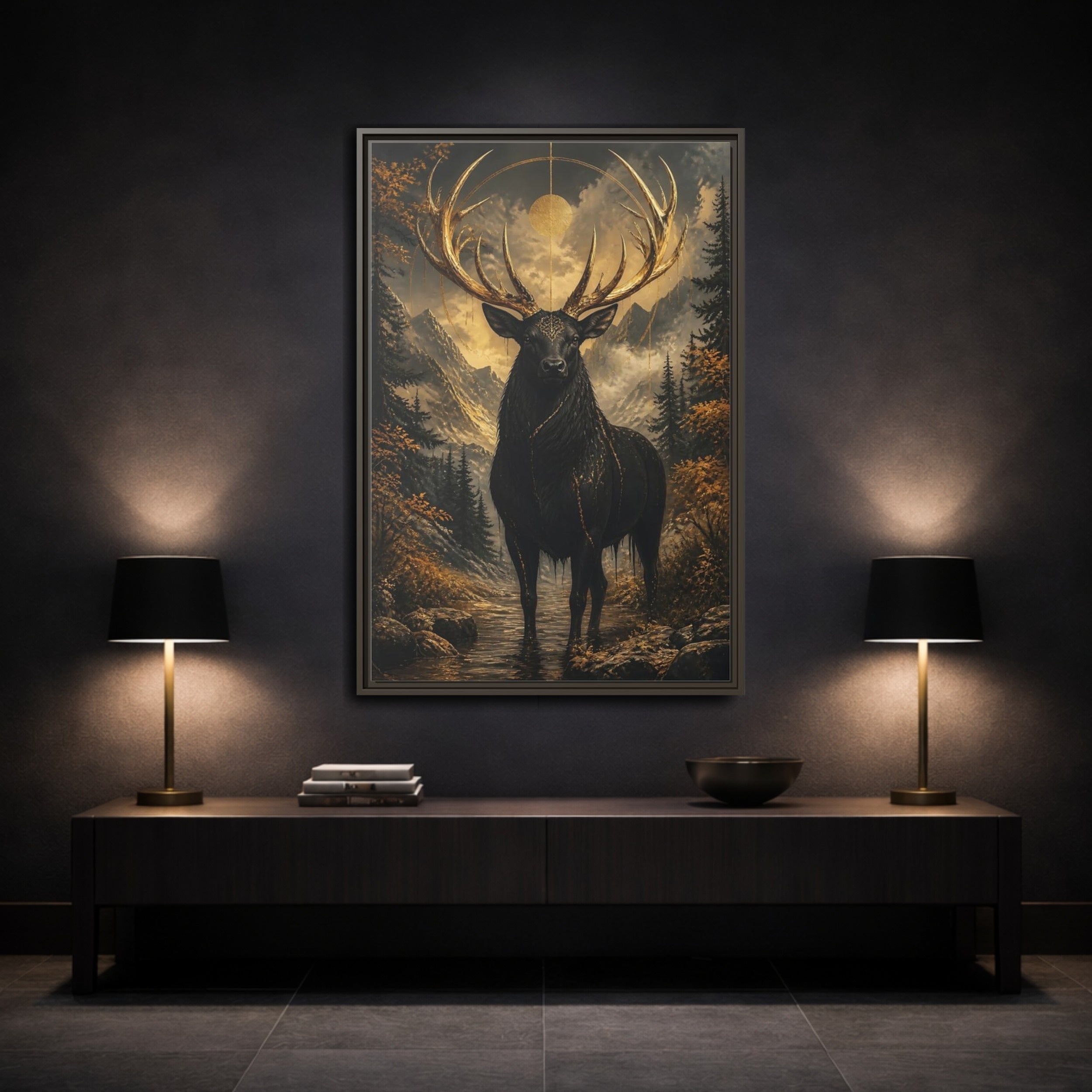 Mockup 3. Animals Golden Stag Black And Gold Stag shown as stretched canvas wall art