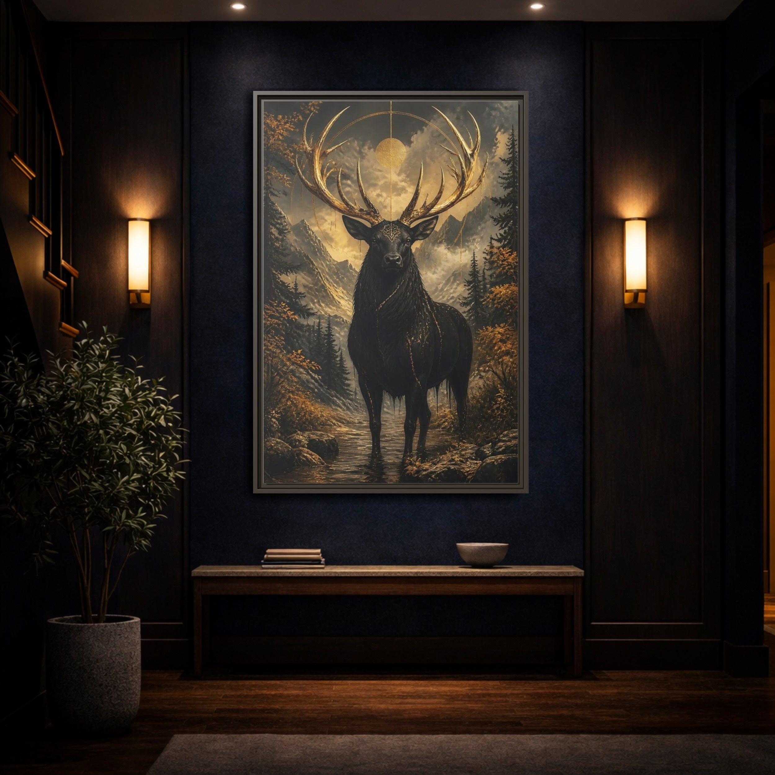 Mockup 4. Animals Golden Stag Black And Gold Stag shown as stretched canvas wall art