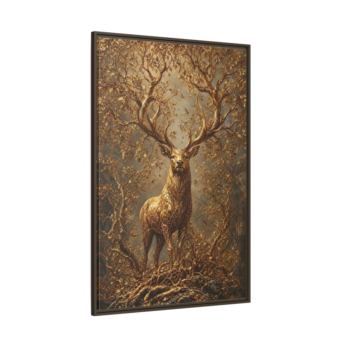 Side Mockup 8. Animals Golden Stag Golden Stag shown as stretched canvas wall art