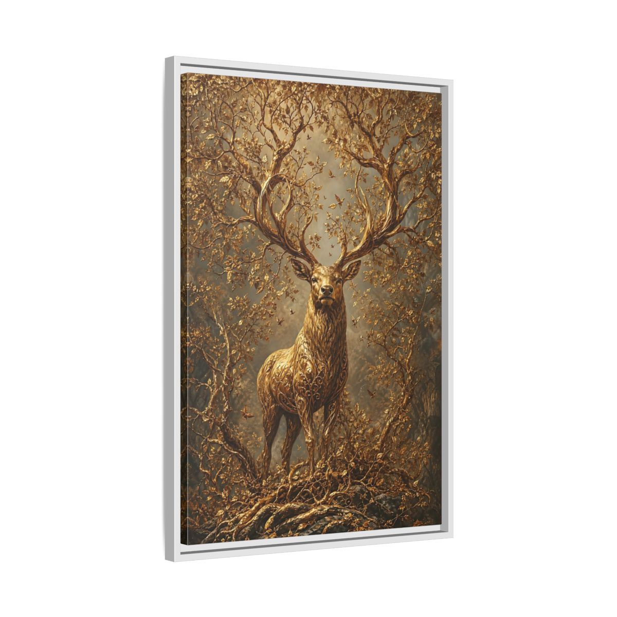 Side Mockup 10. Animals Golden Stag Golden Stag shown as stretched canvas wall art