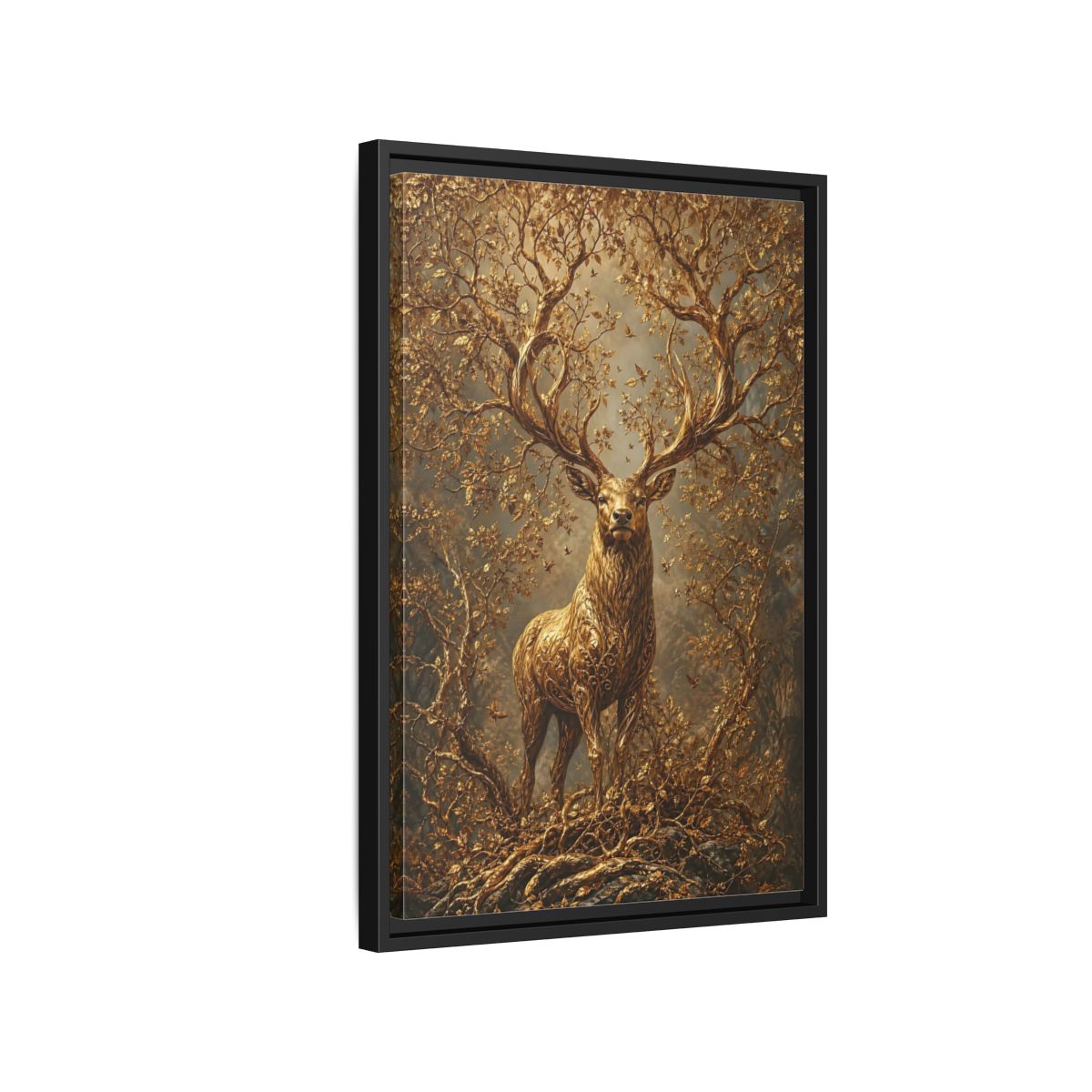 Side Mockup 3. Animals Golden Stag Golden Stag shown as stretched canvas wall art