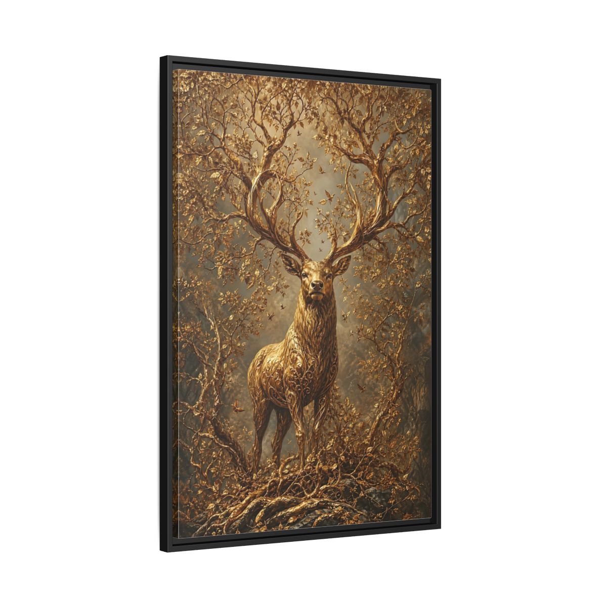 Side Mockup 13. Animals Golden Stag Golden Stag shown as stretched canvas wall art