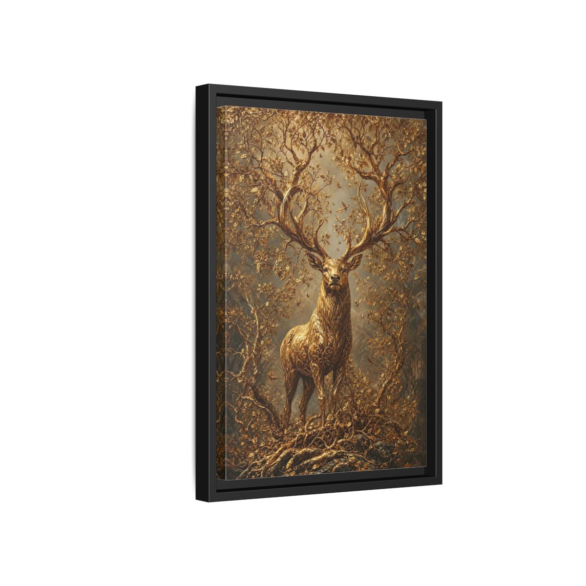 Side Mockup 6. Animals Golden Stag Golden Stag shown as stretched canvas wall art
