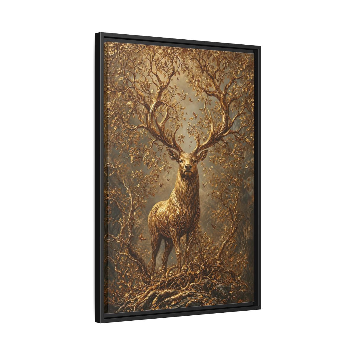 Side Mockup 14. Animals Golden Stag Golden Stag shown as stretched canvas wall art