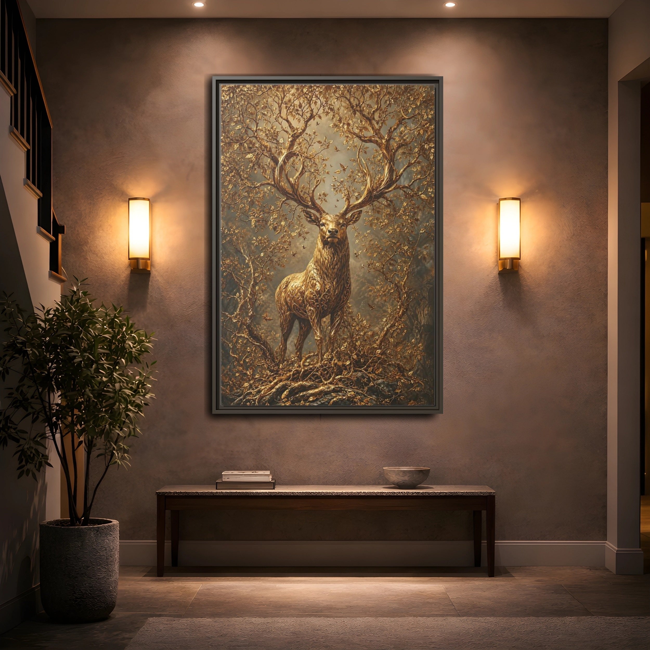 Mockup 2. Animals Golden Stag Golden Stag shown as stretched canvas wall art