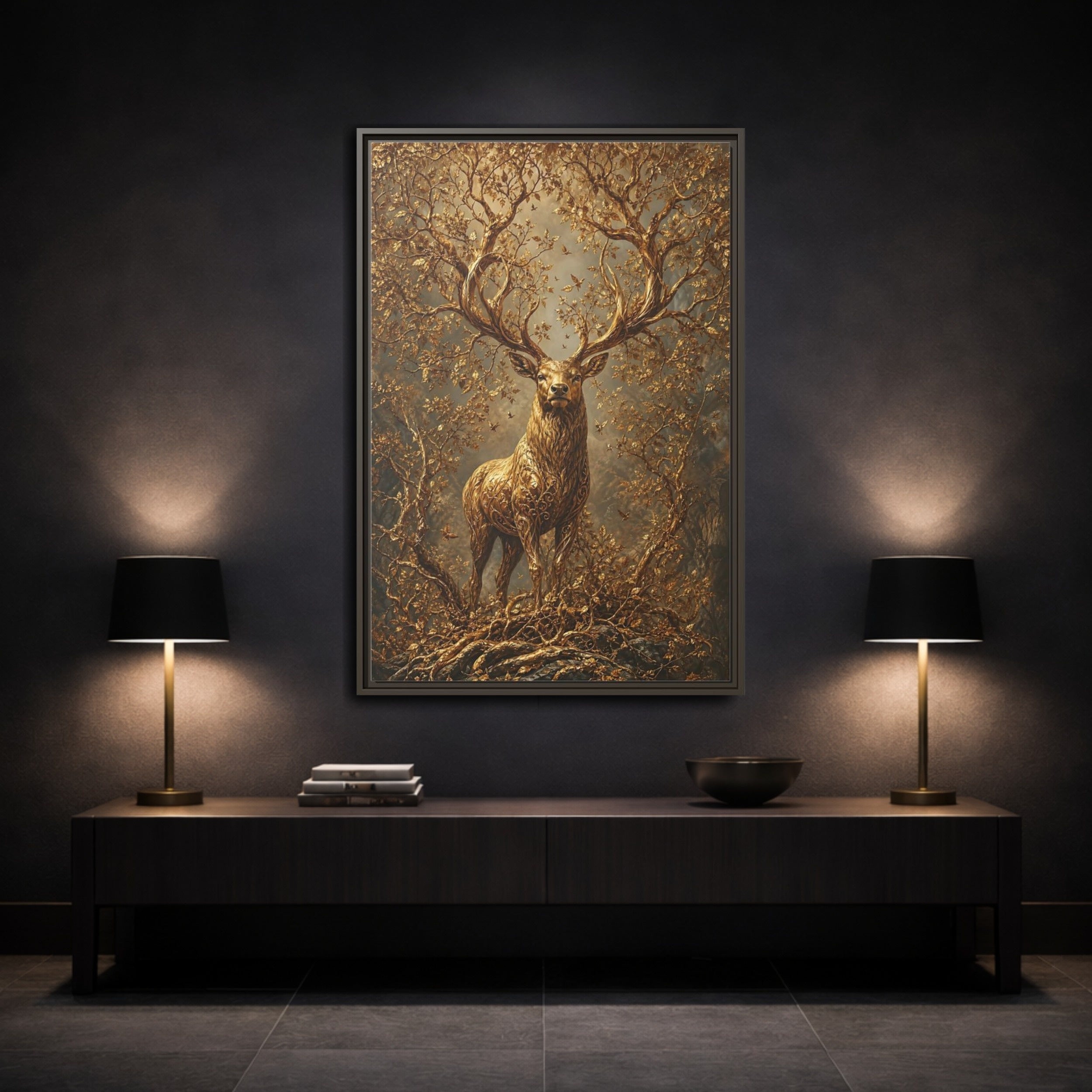 Mockup 3. Animals Golden Stag Golden Stag shown as stretched canvas wall art