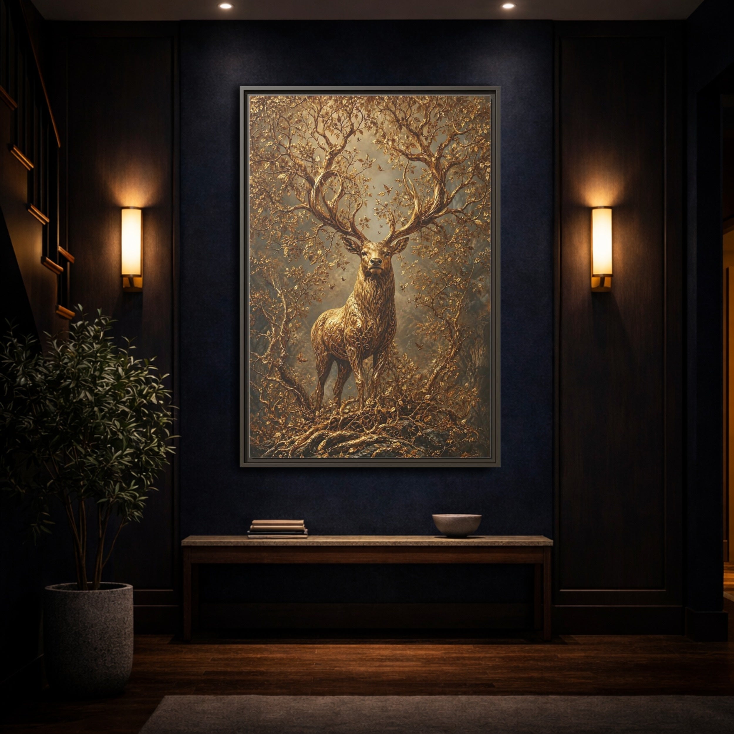 Mockup 4. Animals Golden Stag Golden Stag shown as stretched canvas wall art