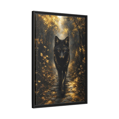 Animals Golden Wolf Black Framed Canvas Wall Art - Fantasy Living Room shown as canvas wall art