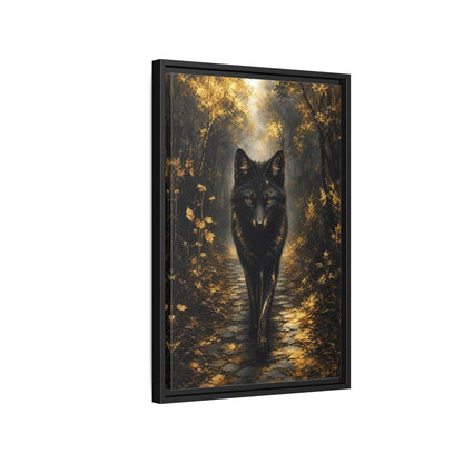 Animals Golden Wolf Black Framed Canvas Wall Art - Fantasy Living Room shown as canvas wall art
