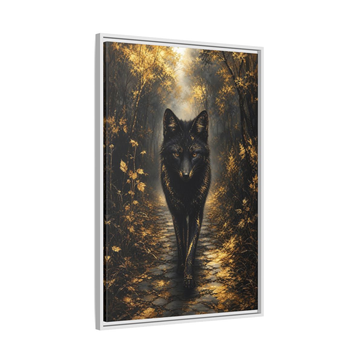 Side Mockup 9. Animals Golden Wolf Golden Black shown as stretched canvas wall art