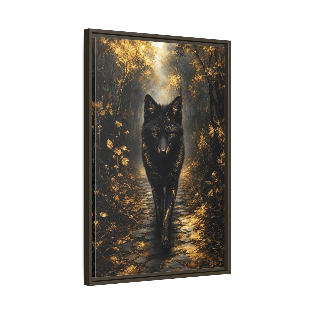 Side Mockup 11. Animals Golden Wolf Golden Black shown as stretched canvas wall art