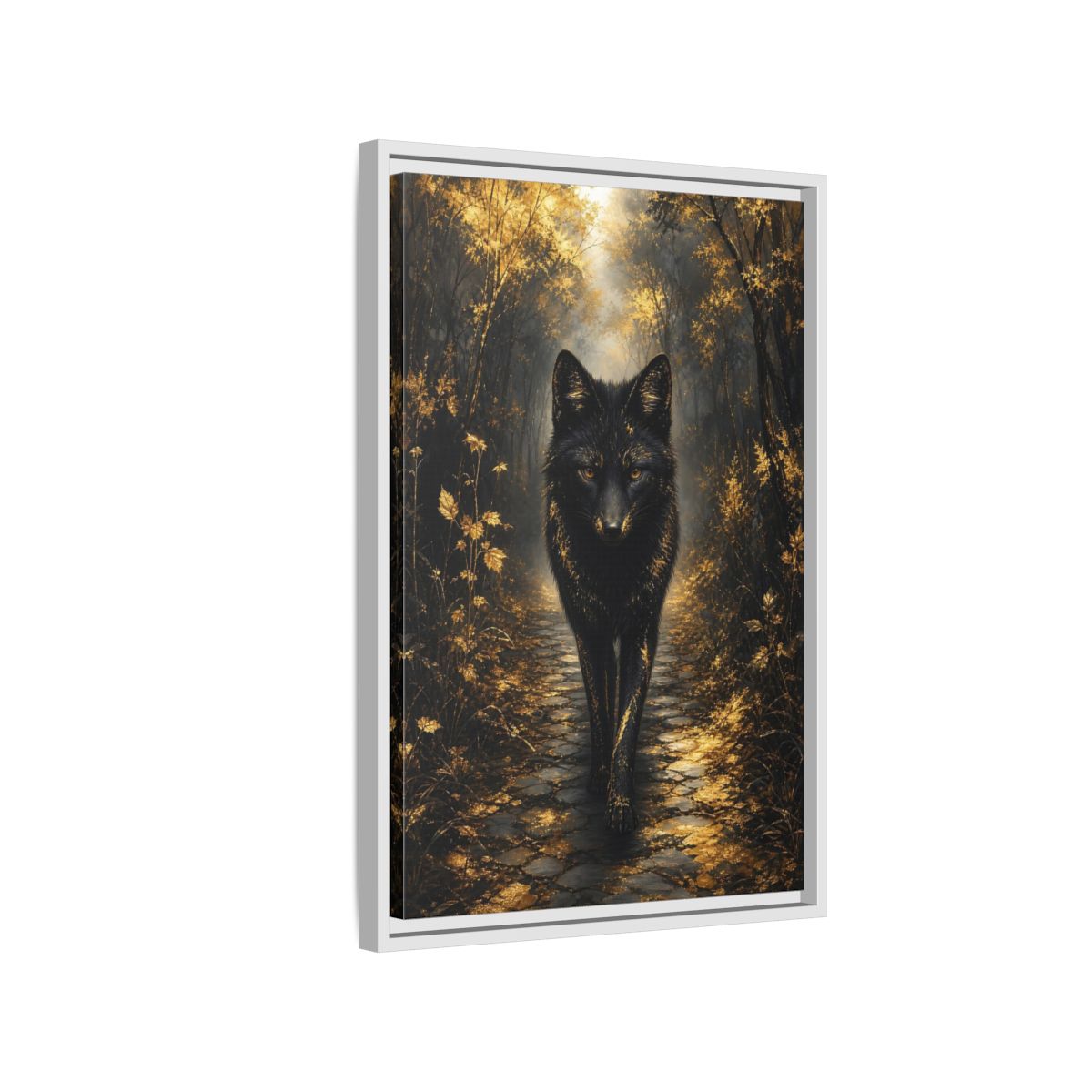 Side Mockup 1. Animals Golden Wolf Golden Black shown as stretched canvas wall art