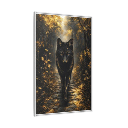 Animals Golden Wolf Black Framed Canvas Wall Art - Fantasy Living Room shown as canvas wall art
