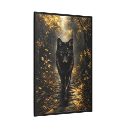 Animals Golden Wolf Black Framed Canvas Wall Art - Fantasy Living Room shown as canvas wall art