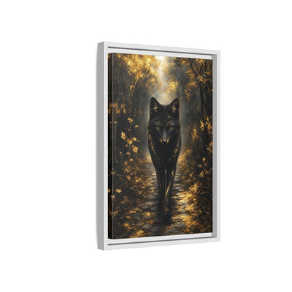 Animals Golden Wolf Black Framed Canvas Wall Art - Fantasy Living Room shown as canvas wall art