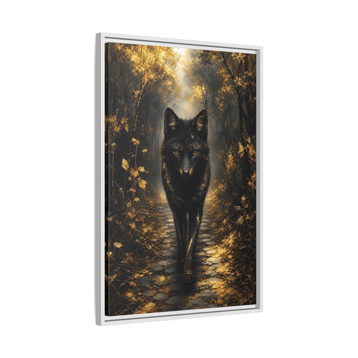 Side Mockup 10. Animals Golden Wolf Golden Black shown as stretched canvas wall art