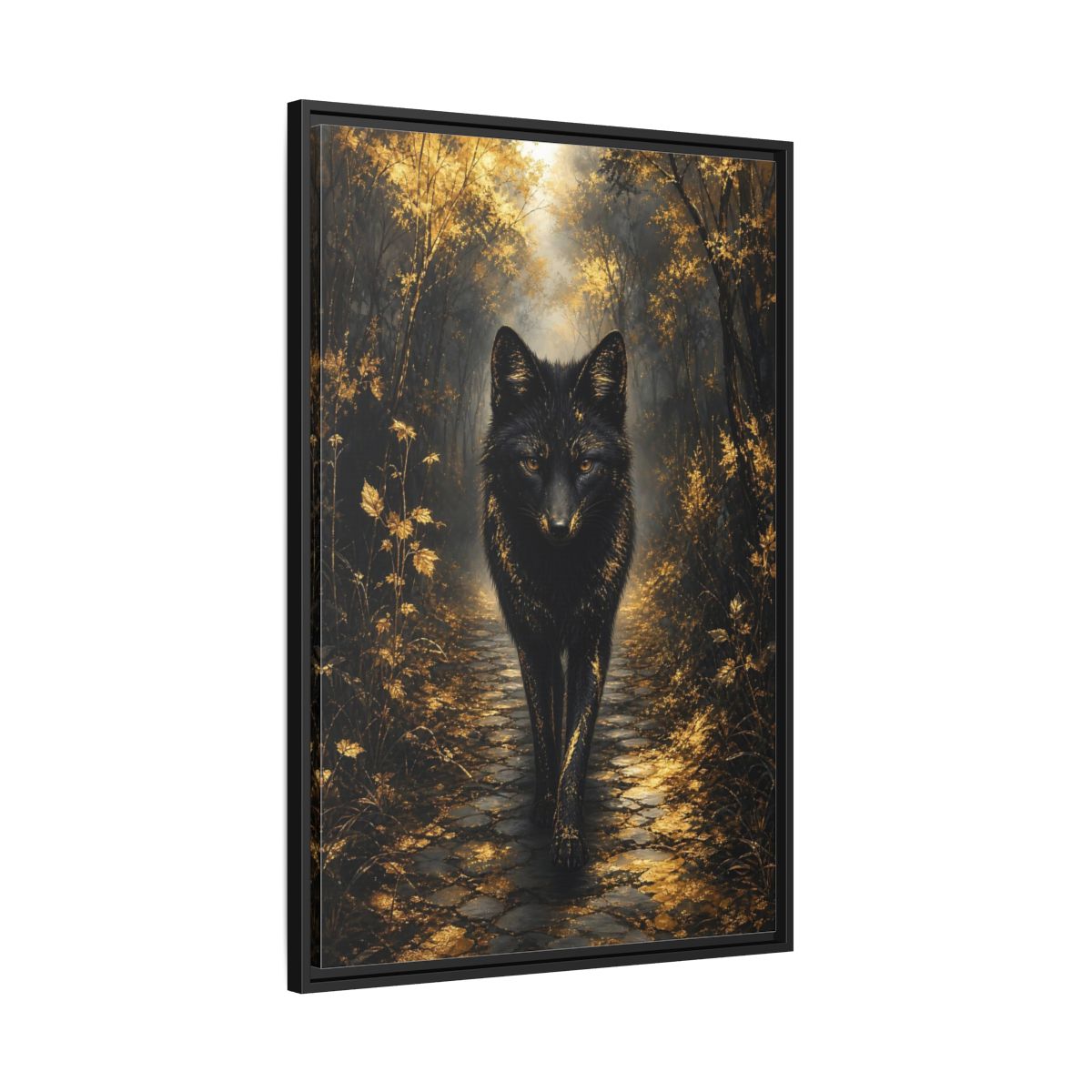 Side Mockup 13. Animals Golden Wolf Golden Black shown as stretched canvas wall art