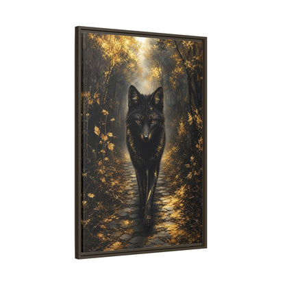 Animals Golden Wolf Black Framed Canvas Wall Art - Fantasy Living Room shown as canvas wall art