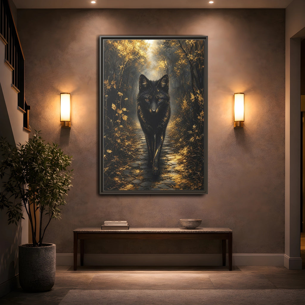 Mockup 2. Animals Golden Wolf Golden Black shown as stretched canvas wall art