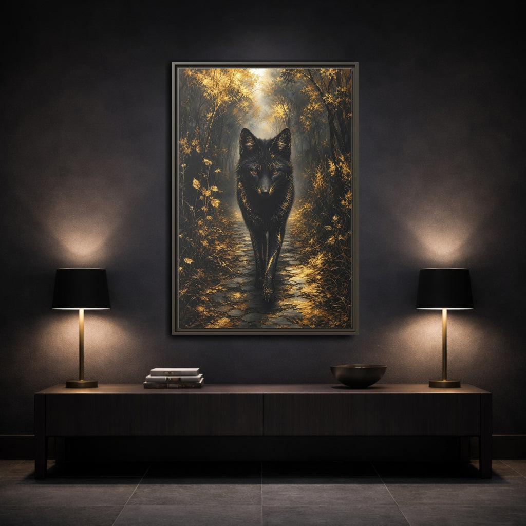 Mockup 3. Animals Golden Wolf Golden Black shown as stretched canvas wall art