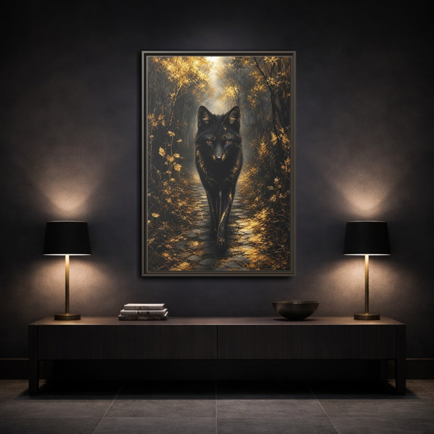 Animals Golden Wolf Black Framed Canvas Wall Art - Fantasy Living Room shown as canvas wall art