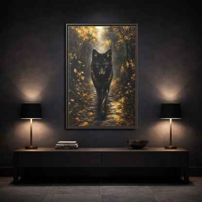 Animals Golden Wolf Black Framed Canvas Wall Art - Fantasy Living Room shown as canvas wall art